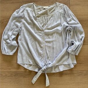 LOFT Blue and White Striped 3/4 Sleeve Tie Front Blouse